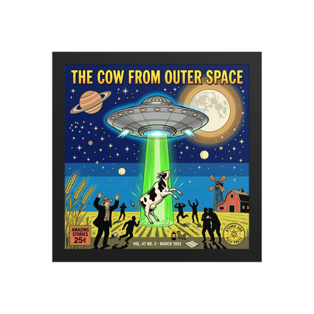 Cosmic Cattle Abduction Art Print, retro 1950s sci-fi poster, media room decor, gift for classic sci-fi fans