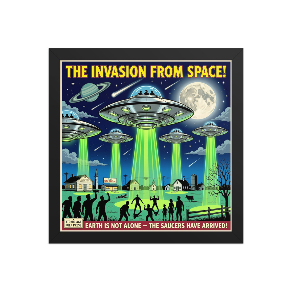 Flying Saucers Over Town Art Print, retro sci-fi wall art, atomic age décor, media room artwork, gift for science fiction fans