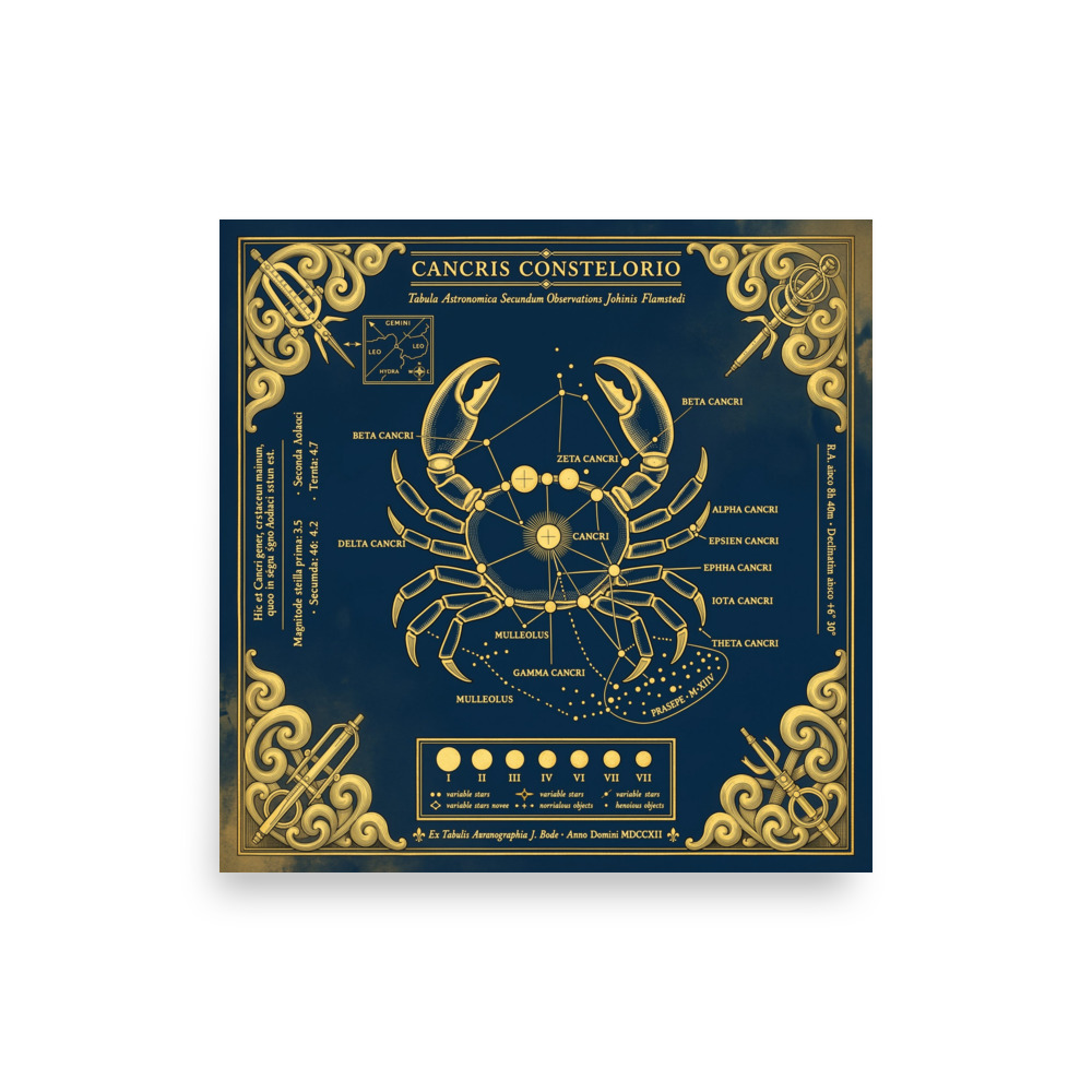 Cancer Zodiac Art Print, vintage celestial wall art, navy study decor, astrology gift, Cancer birthday present