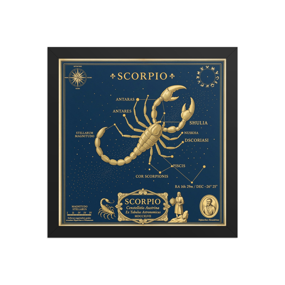 Scorpio Zodiac Art Print, vintage celestial wall art, deep blue study decor, living room accent, astrology gift
