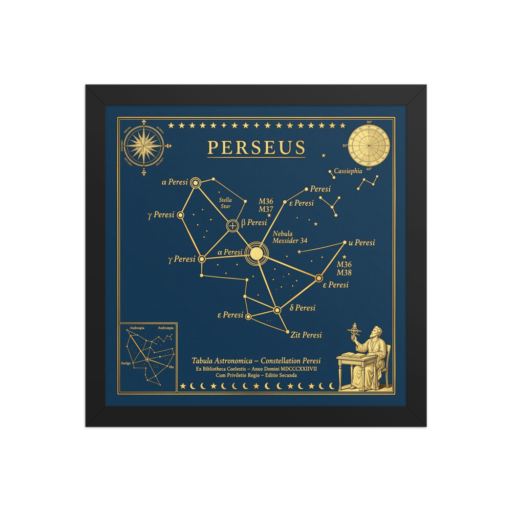 Perseus Constellation Art Print, vintage astronomical chart, deep blue and gold decor, study and library wall art, astronomy gift