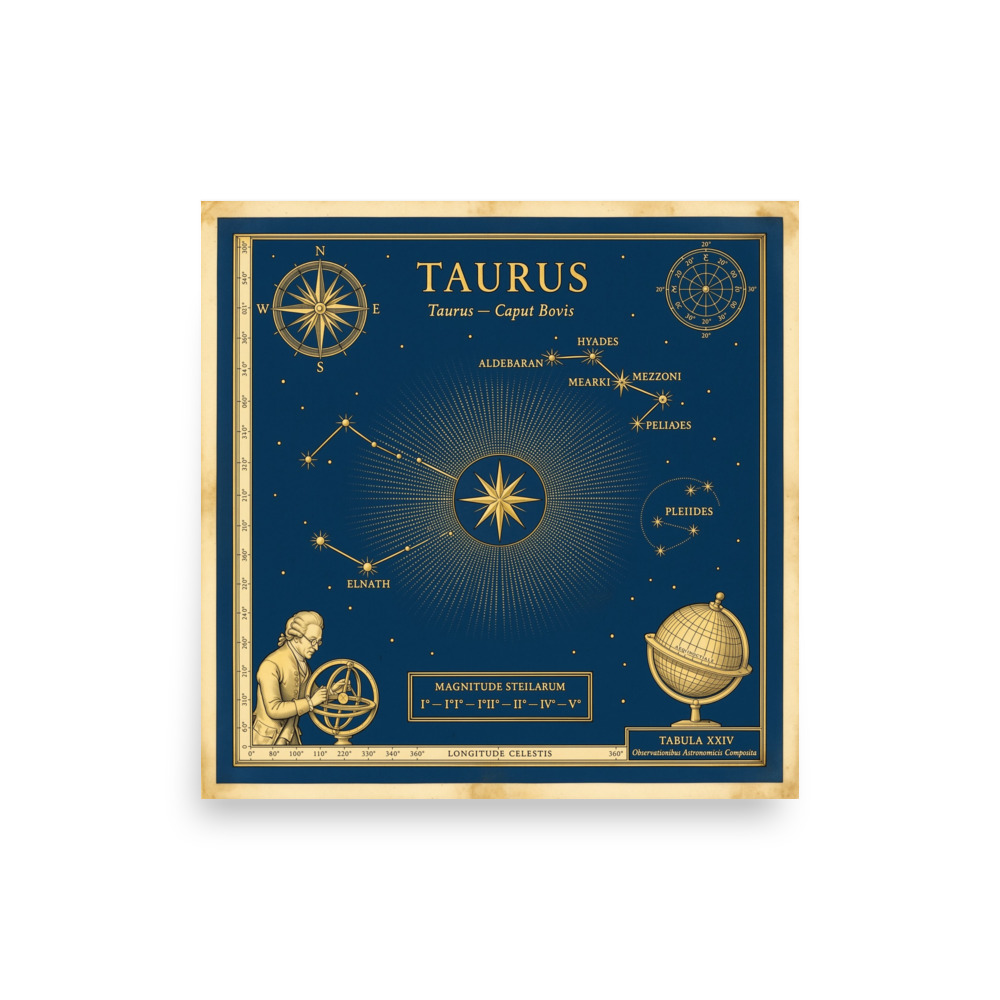 Taurus Zodiac Art Print, vintage celestial wall art, blue and gold artwork, study or library decor, astrology gift