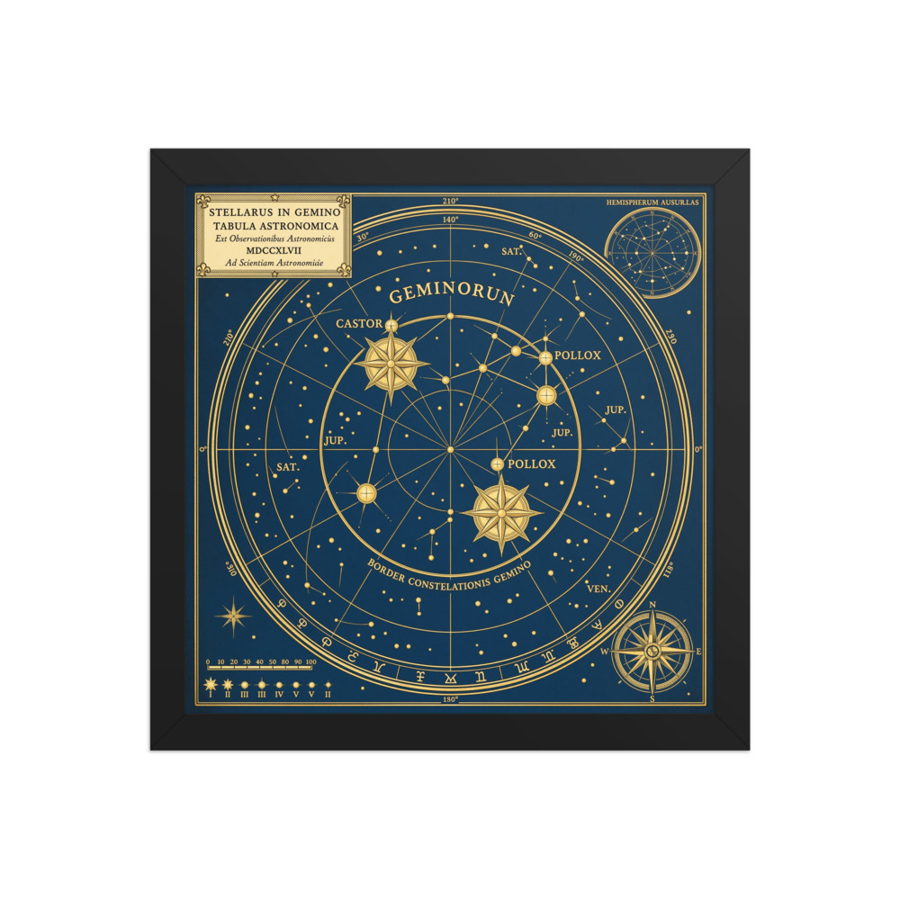 Gemini Zodiac Art Print, golden constellation wall art, celestial study decor, home library decor, astrology gift