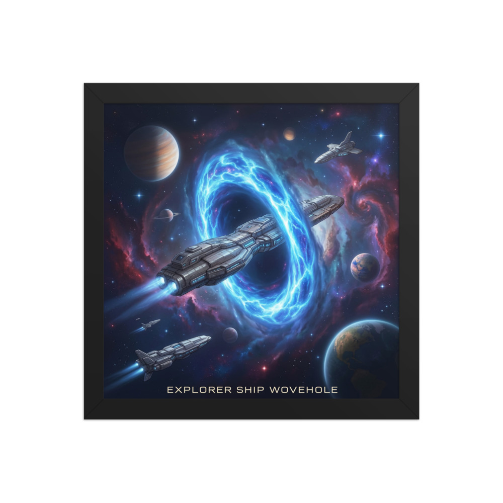Explorer Ship Beside a Glowing Blue Wormhole Art Print, cinematic sci-fi space art, office wall decor, gift for science fiction fans