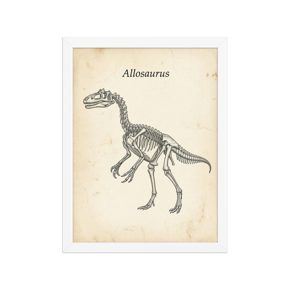 Allosaurus Skeleton Art Print, vintage scientific engraving, natural history wall art, dinosaur lover gift, study or library decor
