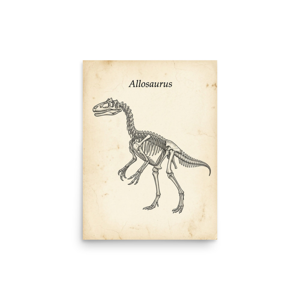 Allosaurus Skeleton Art Print, vintage scientific engraving, natural history wall art, dinosaur lover gift, study or library decor