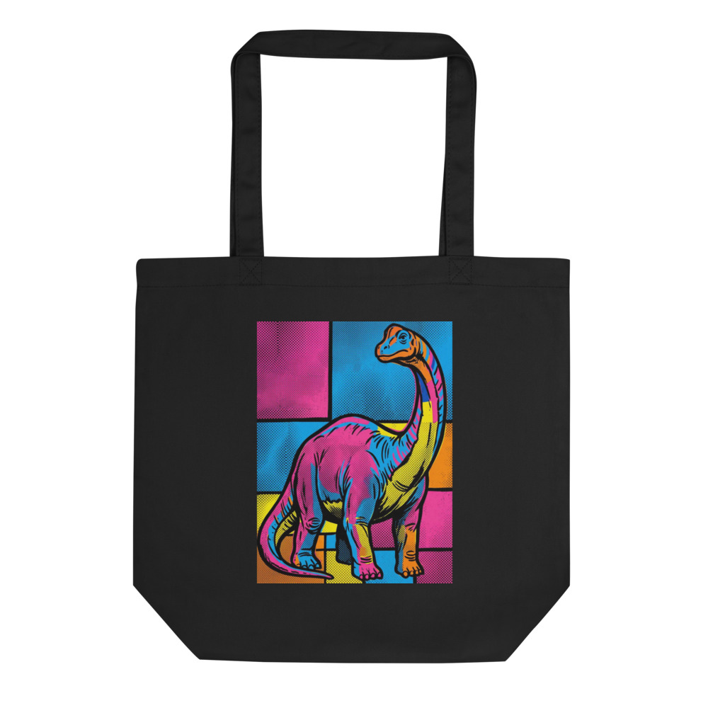 Brontosaurus Pop Art Tote Bag, playful dinosaur design, organic cotton gift, grocery and book tote, for art lovers