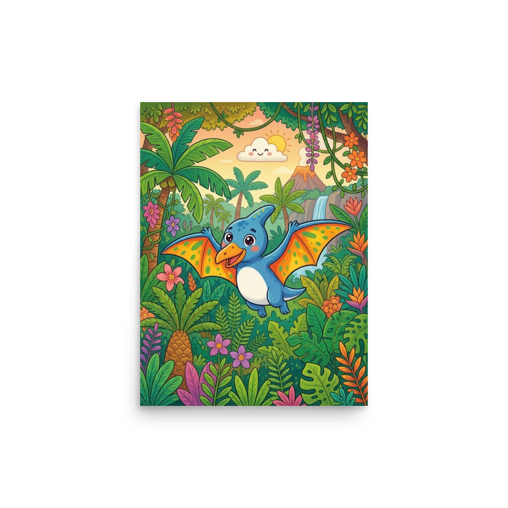 Pteranodon Art Print, cute cartoon dinosaur, children's room decor, prehistoric jungle wall art, dinosaur gift for kids