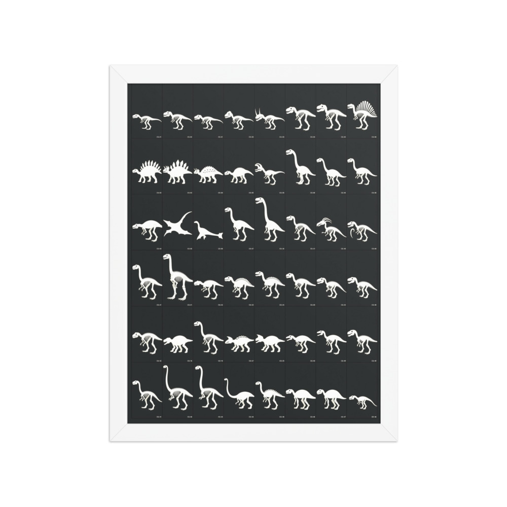 Dinosaur fossil skeleton collection Art Print, museum chart style, study wall decor, natural history gift, dinosaur lover gift