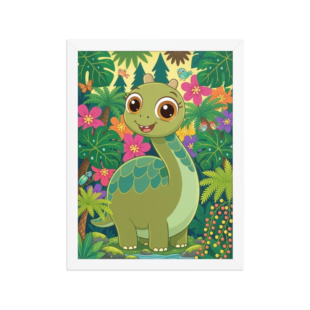 Brachiosaurus Art Print, cute cartoon jungle dinosaur, children's room decor, dinosaur lover gift, storybook wall art