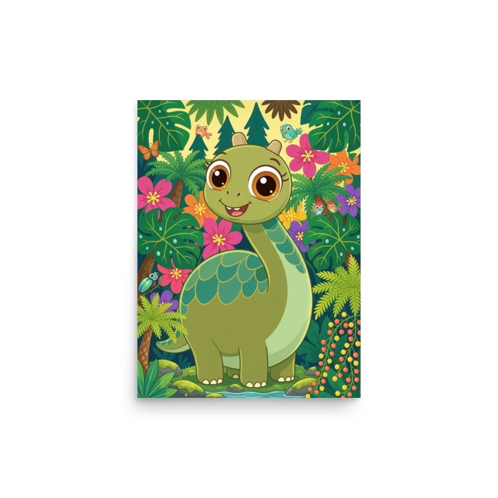Brachiosaurus Art Print, cute cartoon jungle dinosaur, children's room decor, dinosaur lover gift, storybook wall art