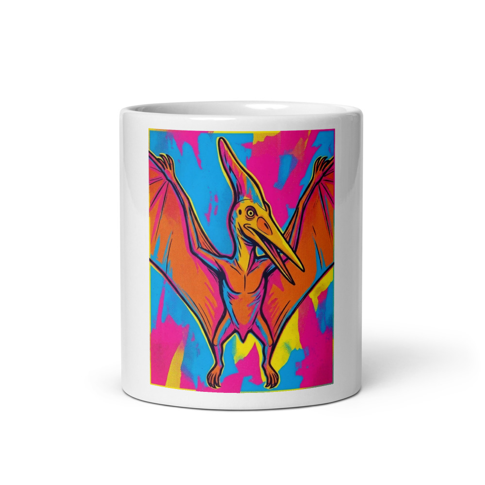Pteranodon Pop Art Mug, colorful dinosaur drinkware, prehistoric kitchen decor, gift for dinosaur fans and art lovers