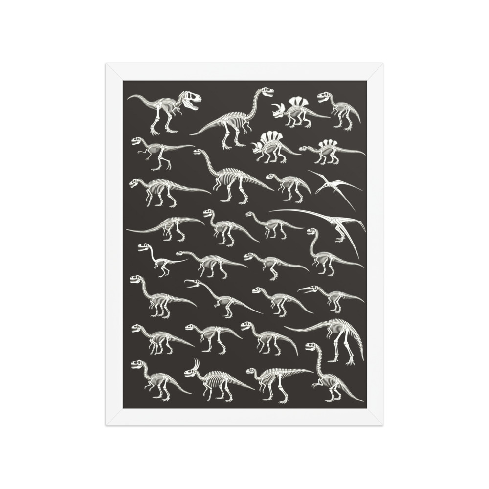 Dinosaur fossil skeleton chart art print, clean white line illustration, natural history decor, study room wall art, dinosaur gift