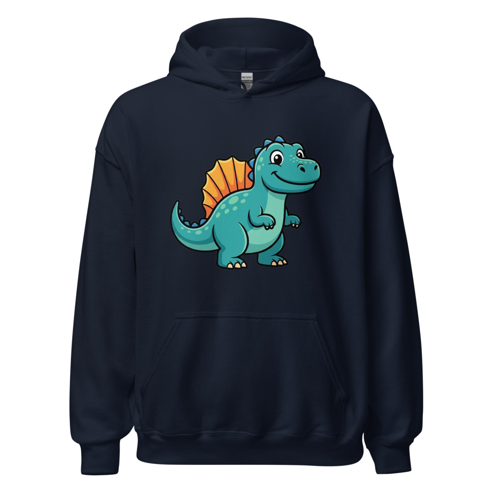 Spinosaurus Hoodie, cartoon dinosaur design, retro teal and orange style, cozy casual wear, gift for dinosaur enthusiasts