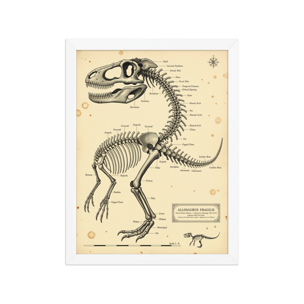 Allosaurus dinosaur skeleton Art Print, vintage scientific illustration, museum wall decor, natural history gift, dinosaur enthusiast gift