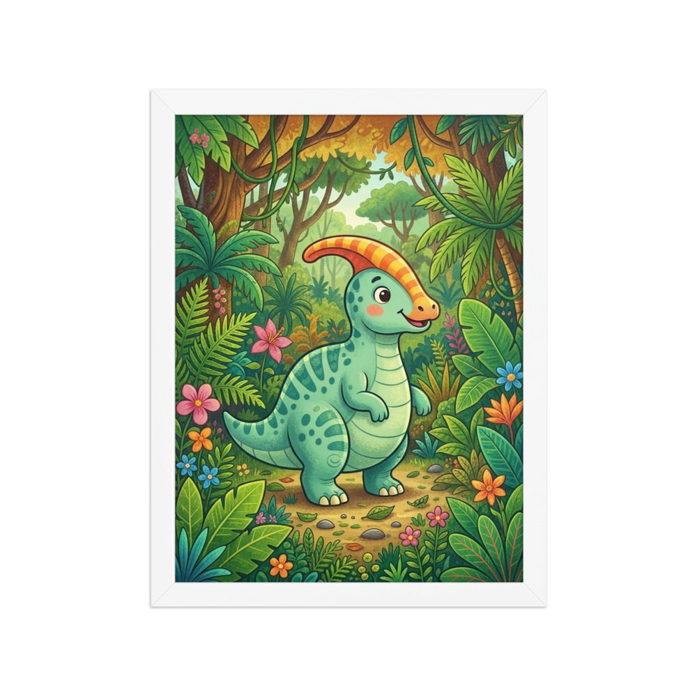 Parasaurolophus Art Print, cute cartoon dinosaur, children's book style, kids' room decor, dinosaur birthday gift