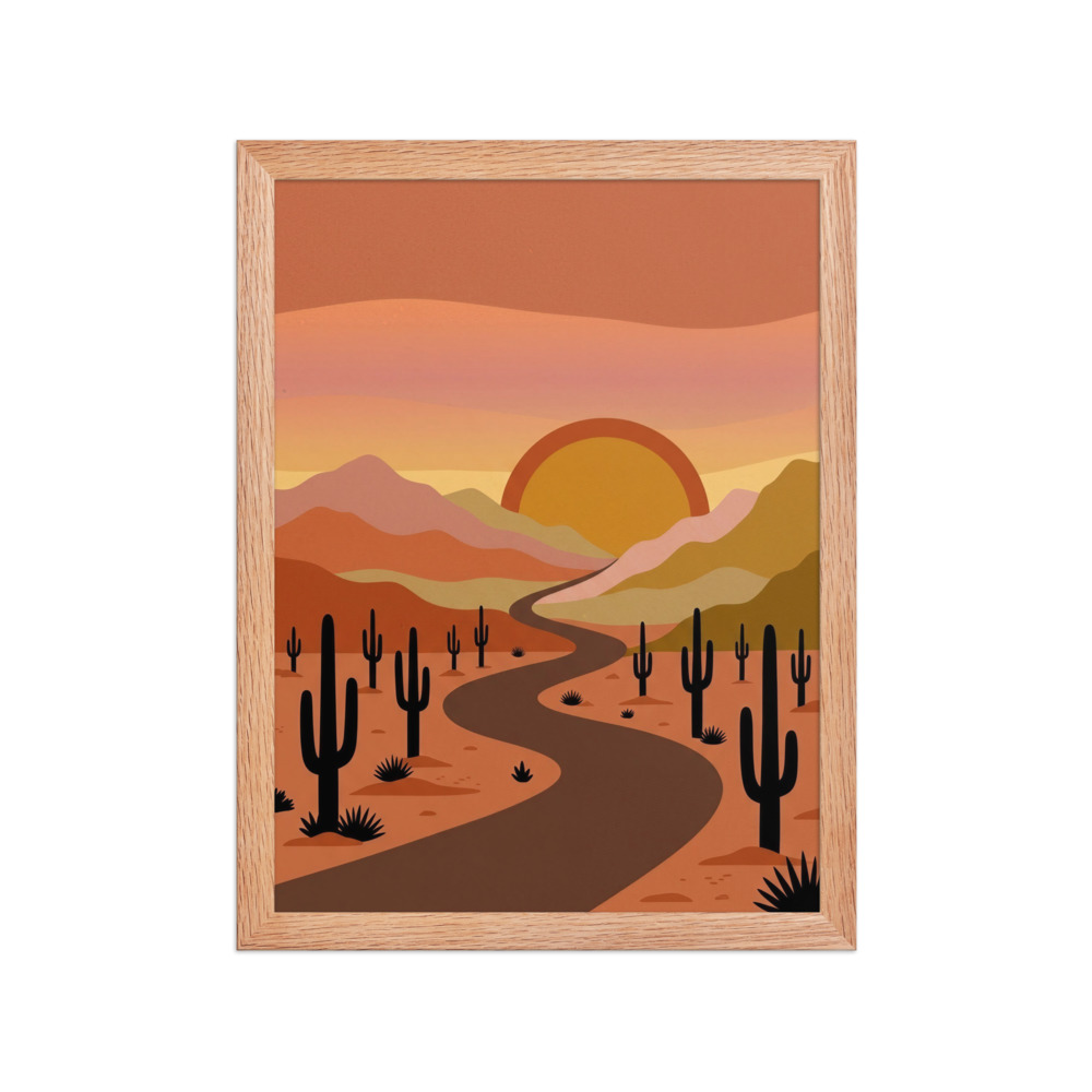 Minimalist desert sunset landscape art print, 1970s southwestern wall art, warm living room decor, desert lover gift