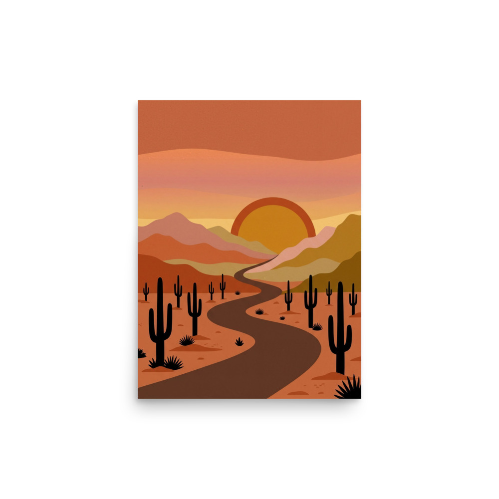 Minimalist desert sunset landscape art print, 1970s southwestern wall art, warm living room decor, desert lover gift