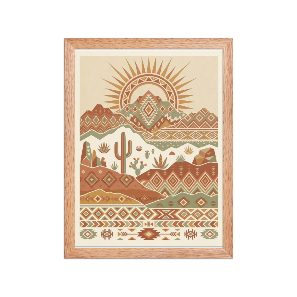 Layered Mountains Art Print, Southwestern boho decor, desert wall art, cactus gift, geometric sun design for home