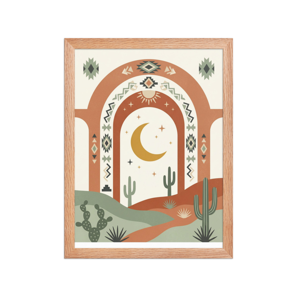 Abstract desert arches framing a crescent moon art print, Southwestern boho decor, living room wall art, desert housewarming gift