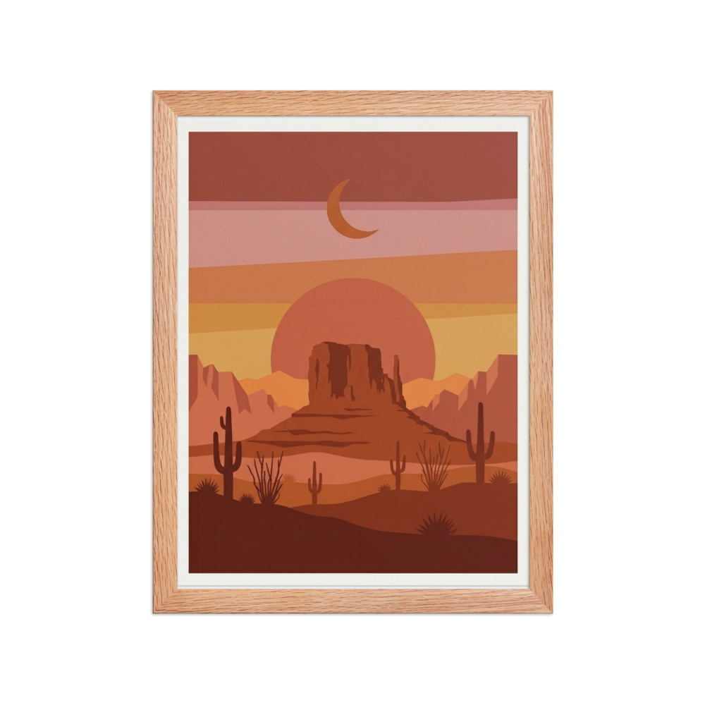 Lone Desert Mesa Beneath a Crescent Moon Art Print, retro southwestern wall decor, desert living room, housewarming gift