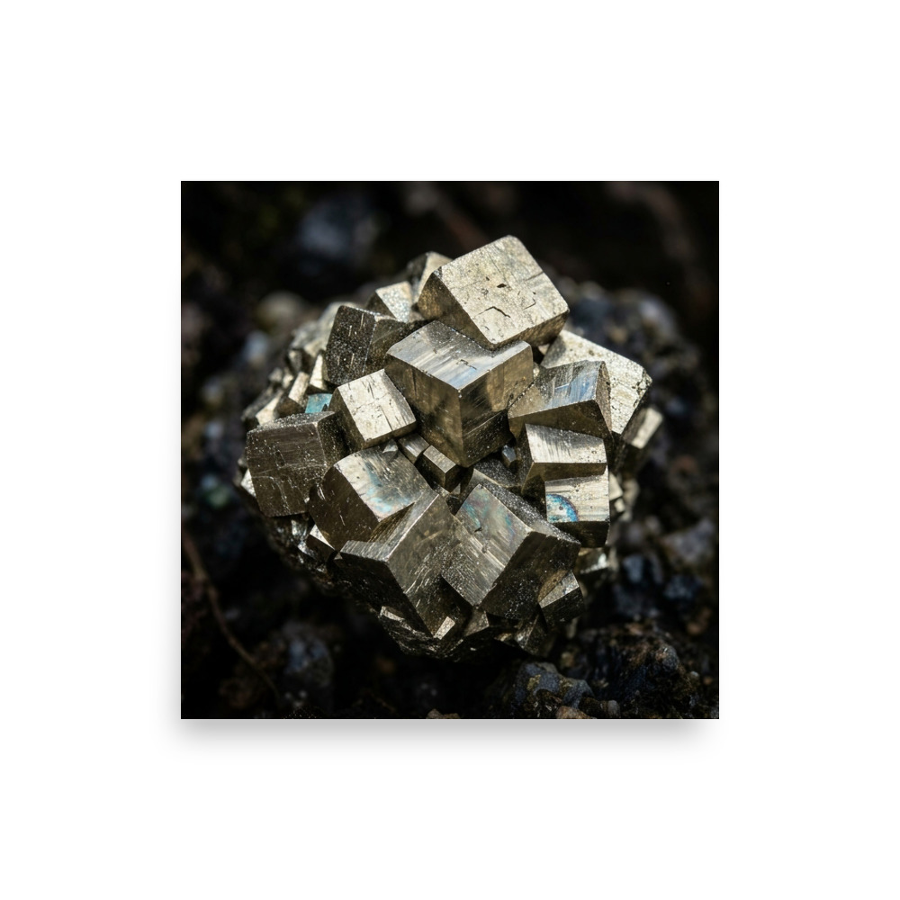 Pyrite Cubes Art Print, macro photography wall art, mineral decor, scientific photography gift, nature lover gift
