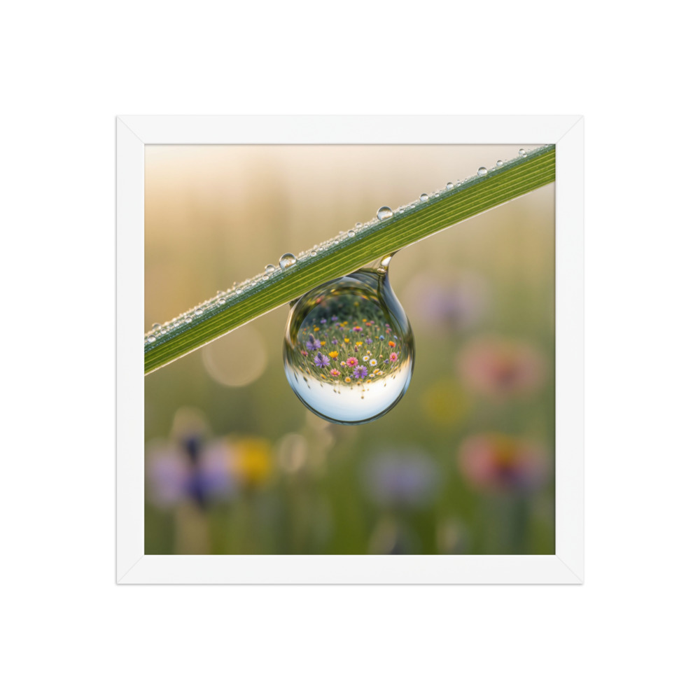 Dewdrop Flower Meadow Refraction Art Print, macro nature photography, bedroom decor, flower lover gift, study wall art