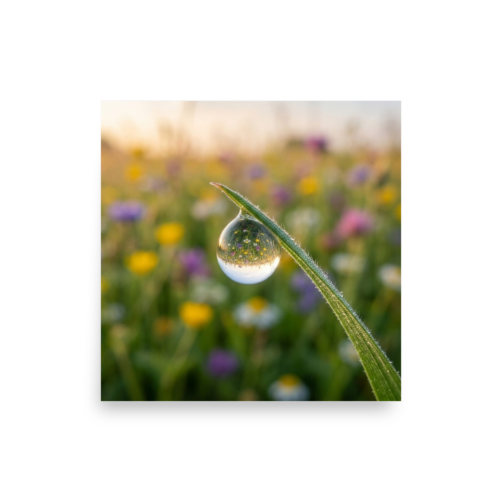 Dewdrop Macro Refraction Art Print, nature photography, botanical wall art, living room decor, gift for nature lovers