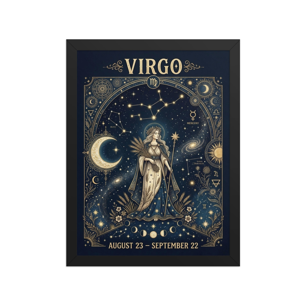 Virgo Zodiac Art Print, mystical boho celestial wall decor, navy gold astrology wall art, bedroom accent, astrology gift
