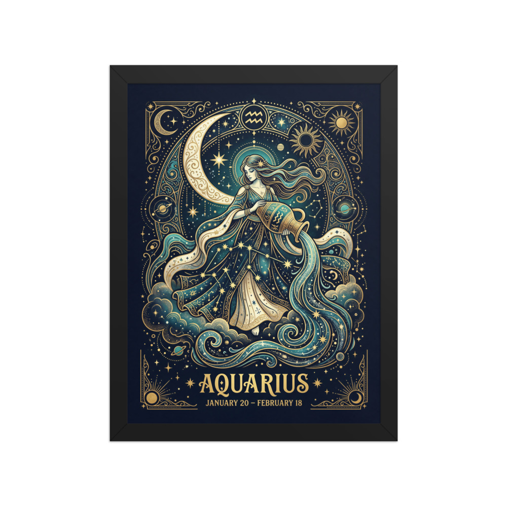 Aquarius Zodiac Art Print, mystical celestial illustration, boho astrology decor, moon and stars, gift for Aquarius lovers