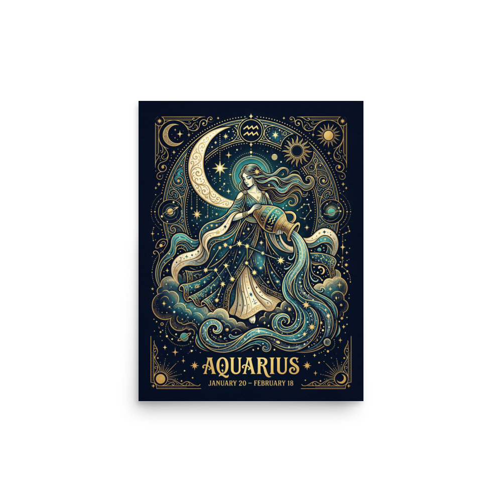 Aquarius Zodiac Art Print, mystical celestial illustration, boho astrology decor, moon and stars, gift for Aquarius lovers