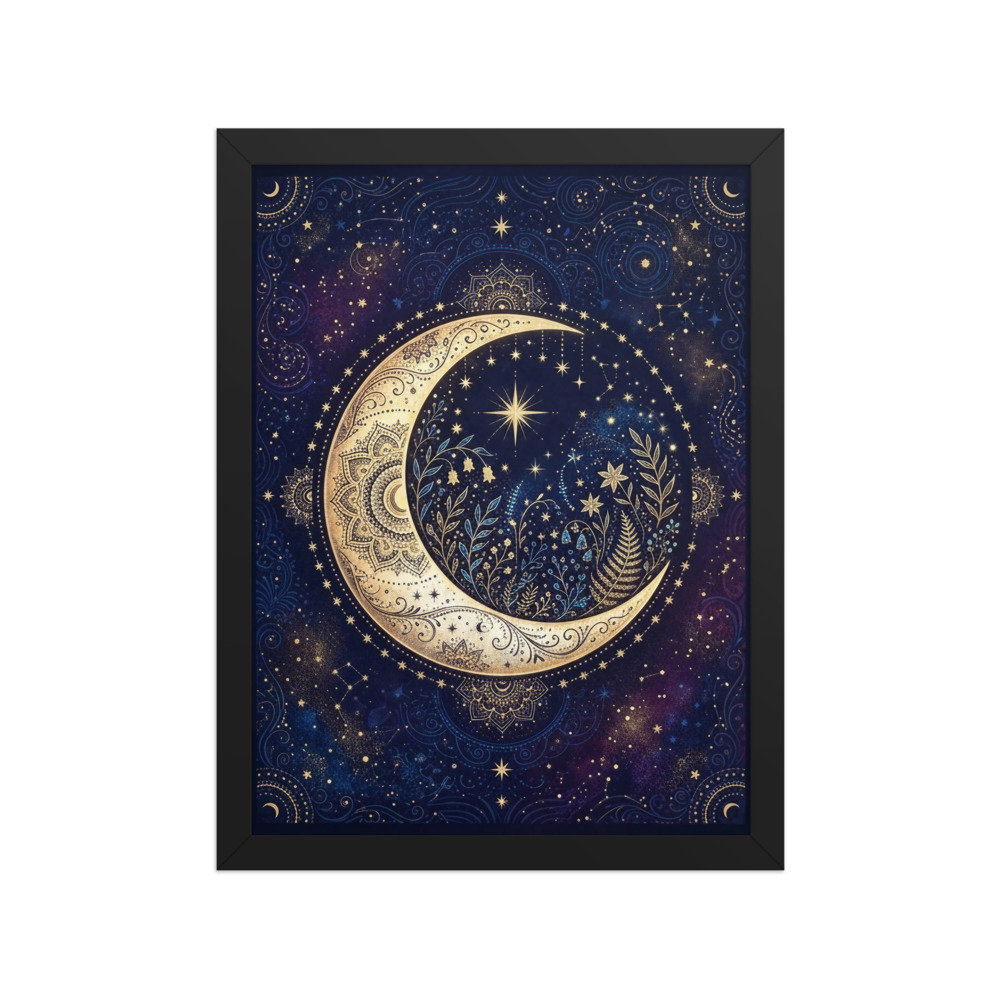 Crescent Moon Botanicals Art Print, boho witchy wall art, celestial bedroom decor, gift for stargazers, esoteric home decor