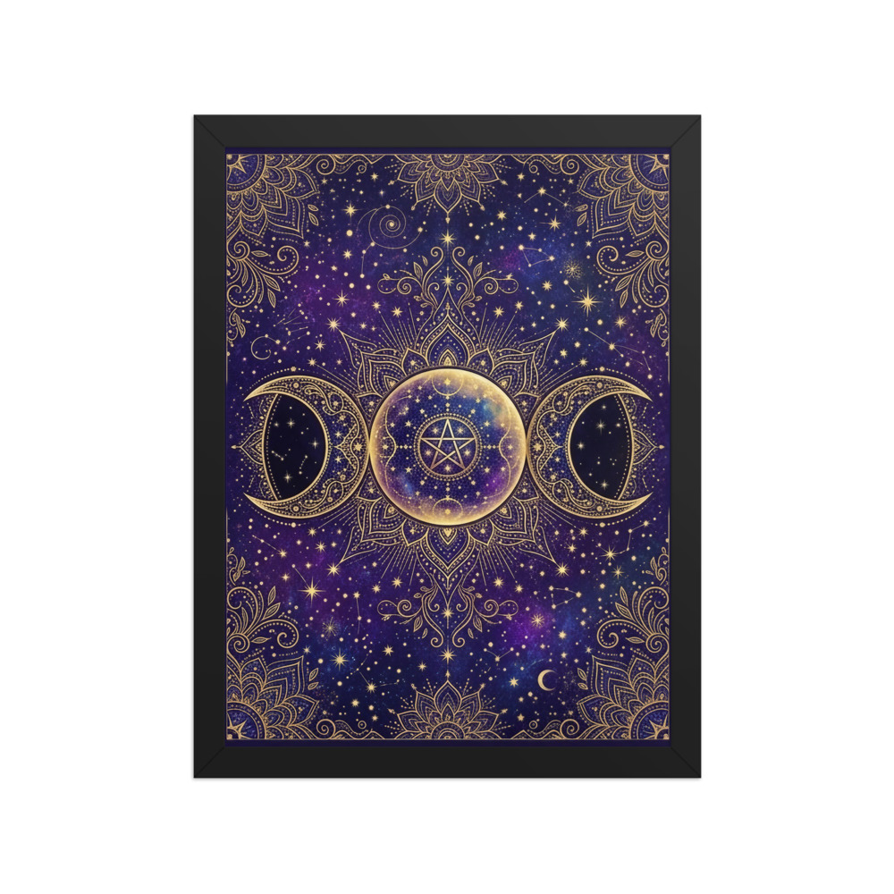 Triple Moon Goddess Art Print, celestial mandala wall decor, boho witchy bedroom art, astrology gift, esoteric home decor
