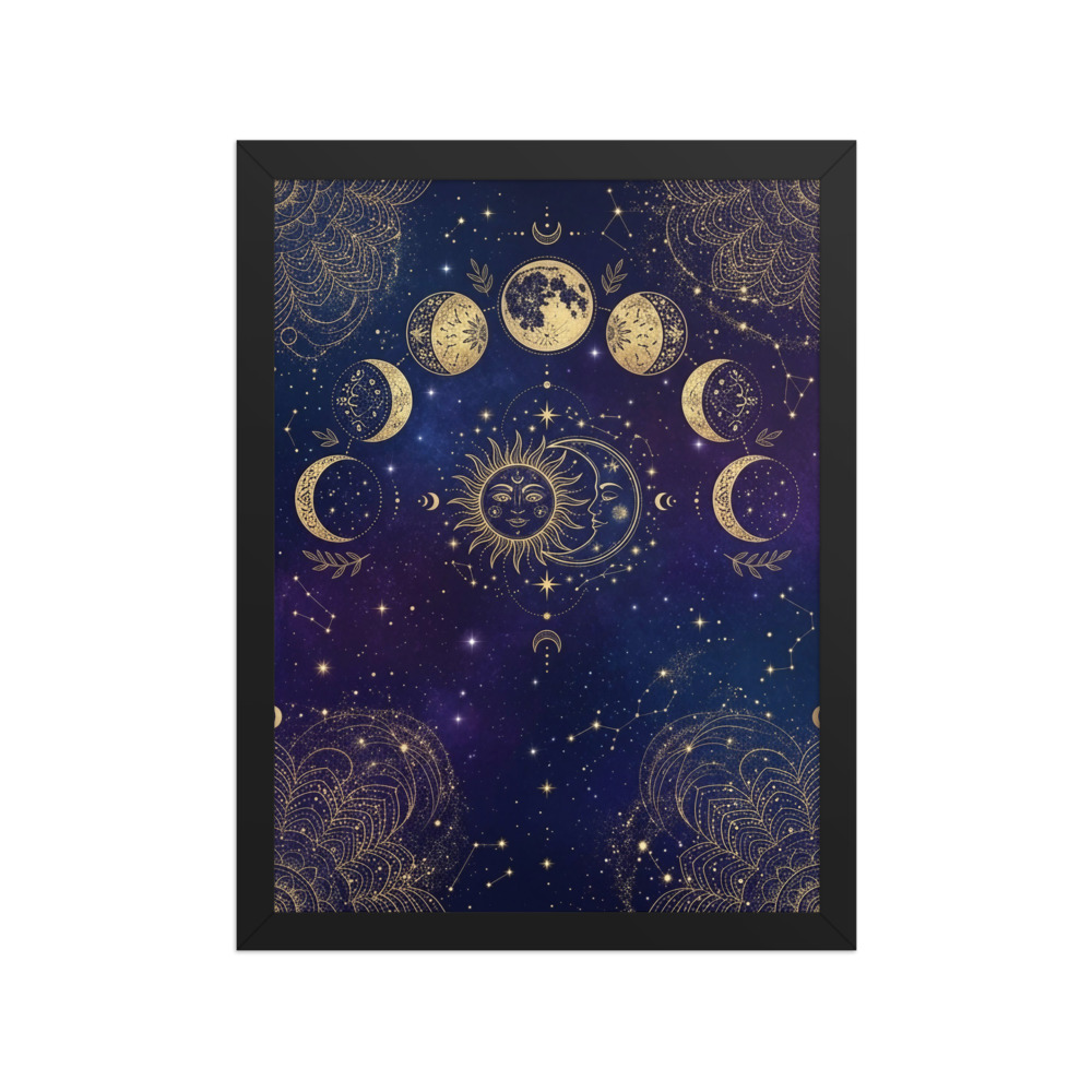 Sun and Moon Phases Art Print, boho celestial wall art, witchy bedroom decor, esoteric gift for moon and star lovers