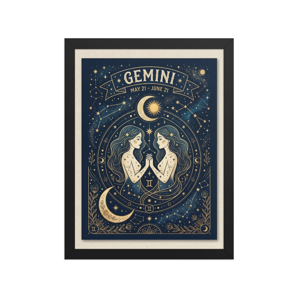 Gemini Zodiac Art Print, boho celestial wall decor, midnight navy and gold bedroom accent, astrology gift, Gemini lover gift
