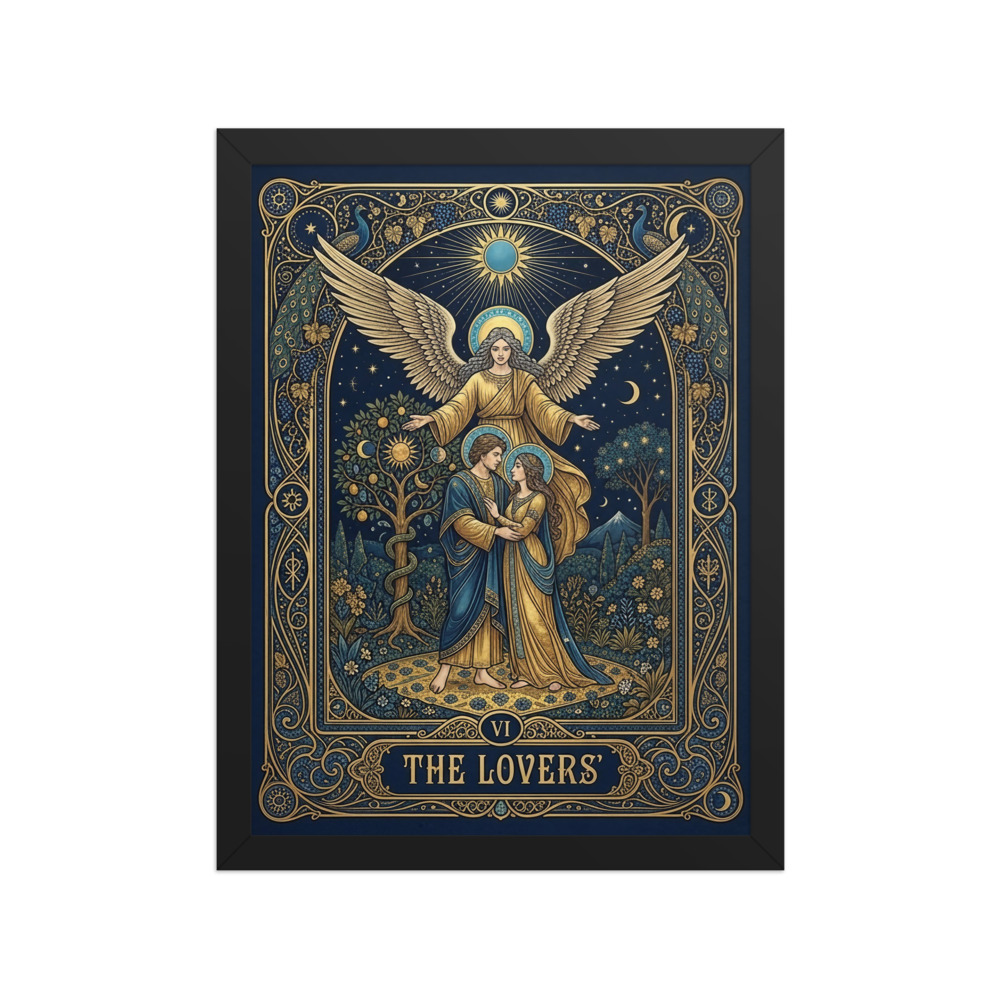 The Lovers Tarot Art Print, ornate art nouveau wall decor, midnight blue mystical art, tarot gift for tarot readers