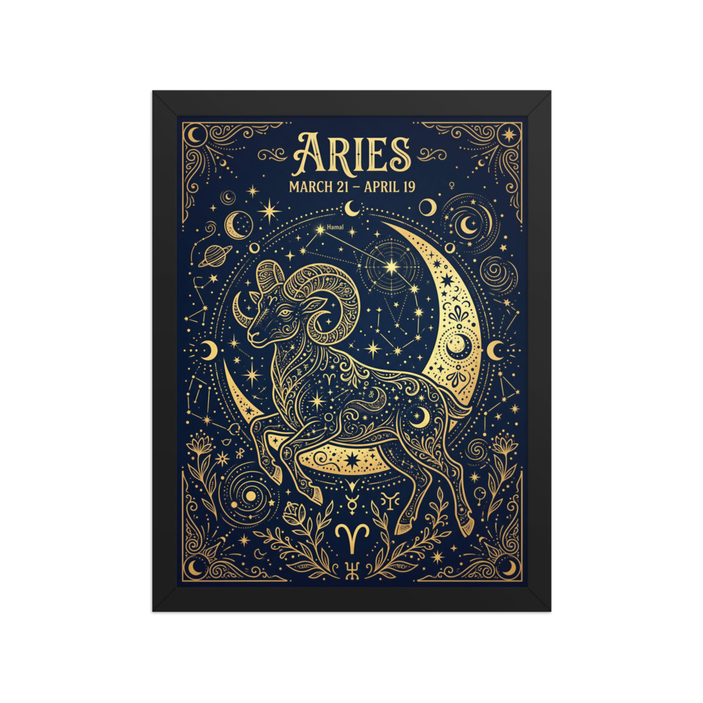 Aries Zodiac Art Print, mystical celestial wall art, boho bedroom decor, navy and gold astrology decor, gift for Aries