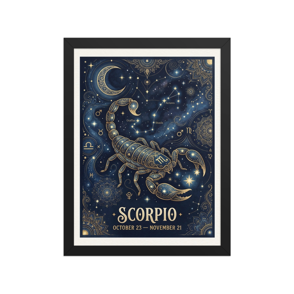 Scorpio Zodiac Art Print, boho celestial wall art, bedroom decor, astrology gift, navy and gold illustration for Scorpio fans