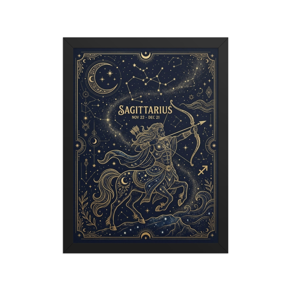 Sagittarius Zodiac Art Print, boho celestial wall art, astrology decor, midnight navy and gold, gift for Sagittarius