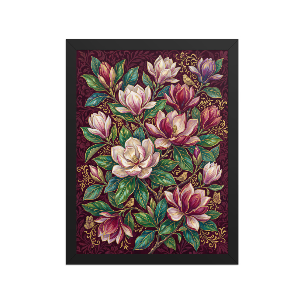 Burgundy Magnolia Art Print, maximalist botanical decor, living room wall art, eclectic home decor, gift for flower lovers