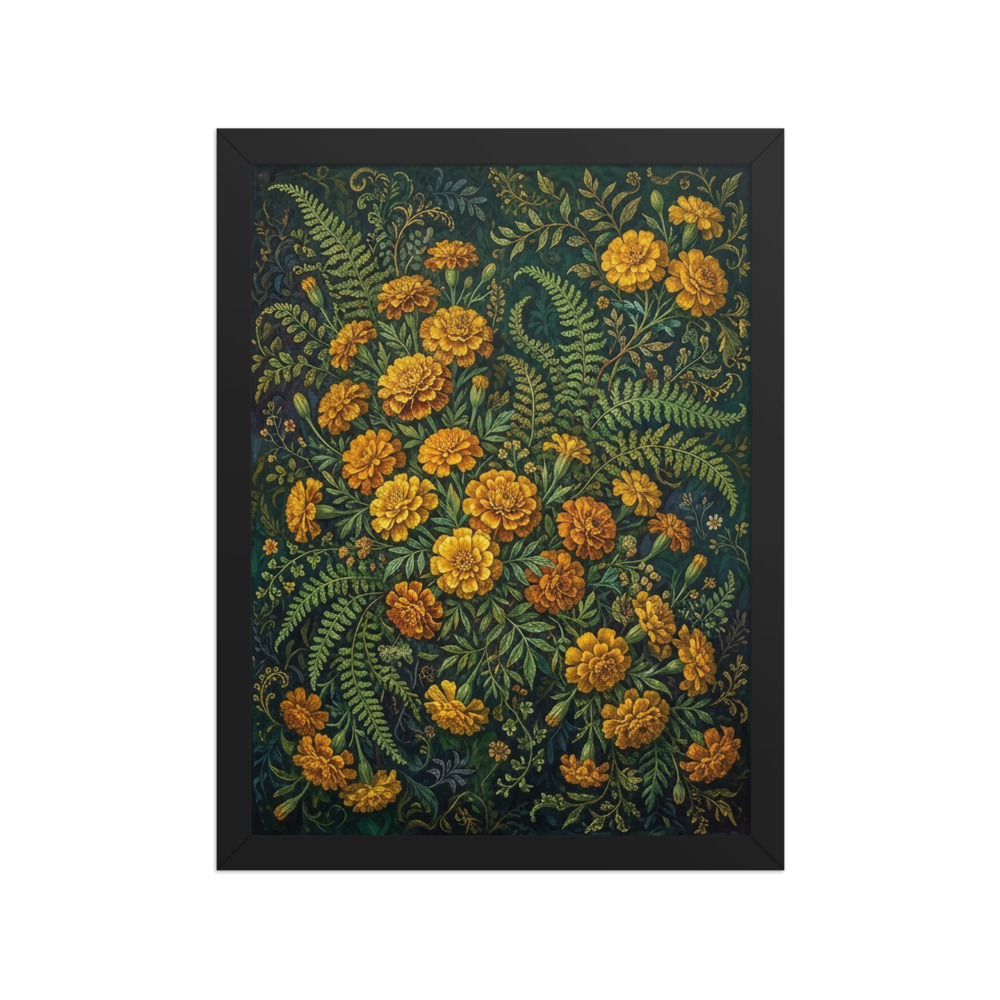 Golden Marigold Abundance Art Print, maximalist botanical wall decor, eclectic living room art, gift for plant lovers