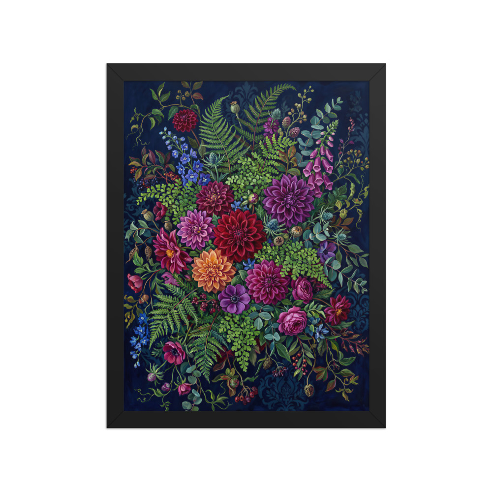 Lush Dahlia and Fern Arrangement Art Print, maximalist botanical wall art, midnight blue floral décor, gift for flower lovers
