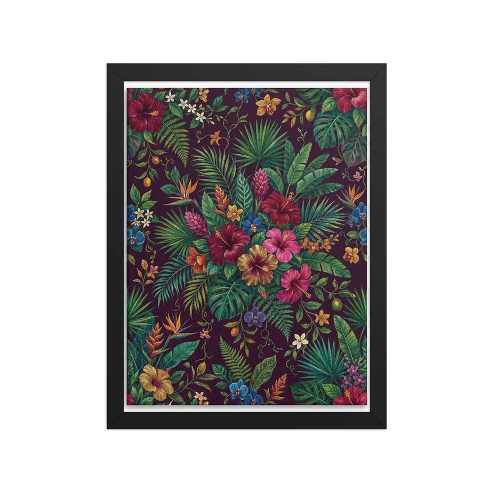 Tropical Hibiscus and Palm Fronds Art Print, maximalist botanical wall art, eclectic home decor, gift for plant lovers
