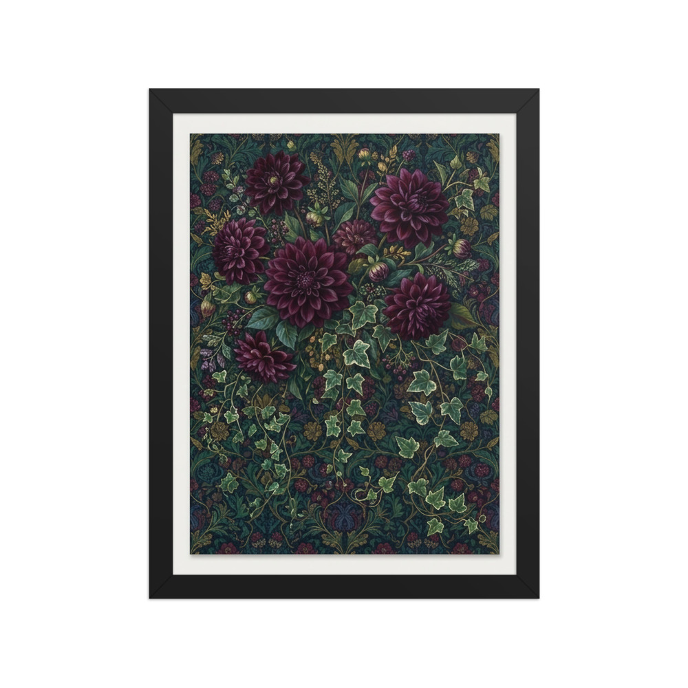 Deep Plum Dahlias with Trailing Ivy Art Print, painterly botanical wall art, maximalist home decor, floral gift for design lovers