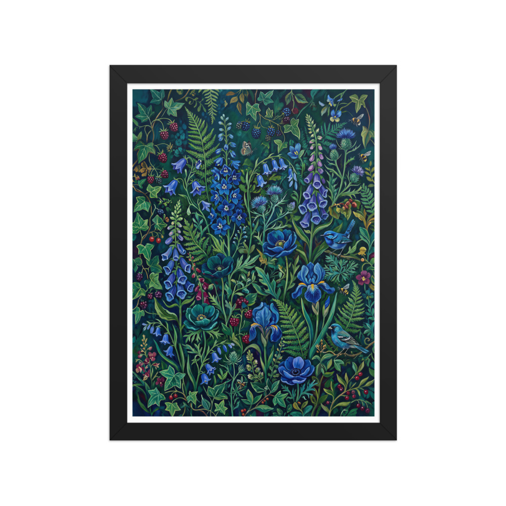Emerald and Sapphire Wildflower Art Print, maximalist botanical wall art, living room decor, gift for flower lovers