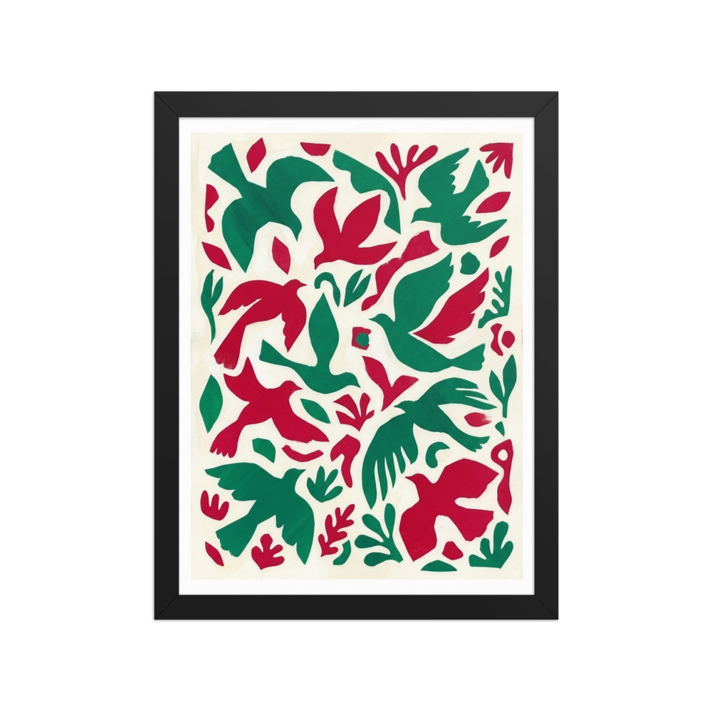 Emerald and Crimson Bird Forms Art Print, Matisse-inspired abstract art, colorful living room decor, gift for design lovers