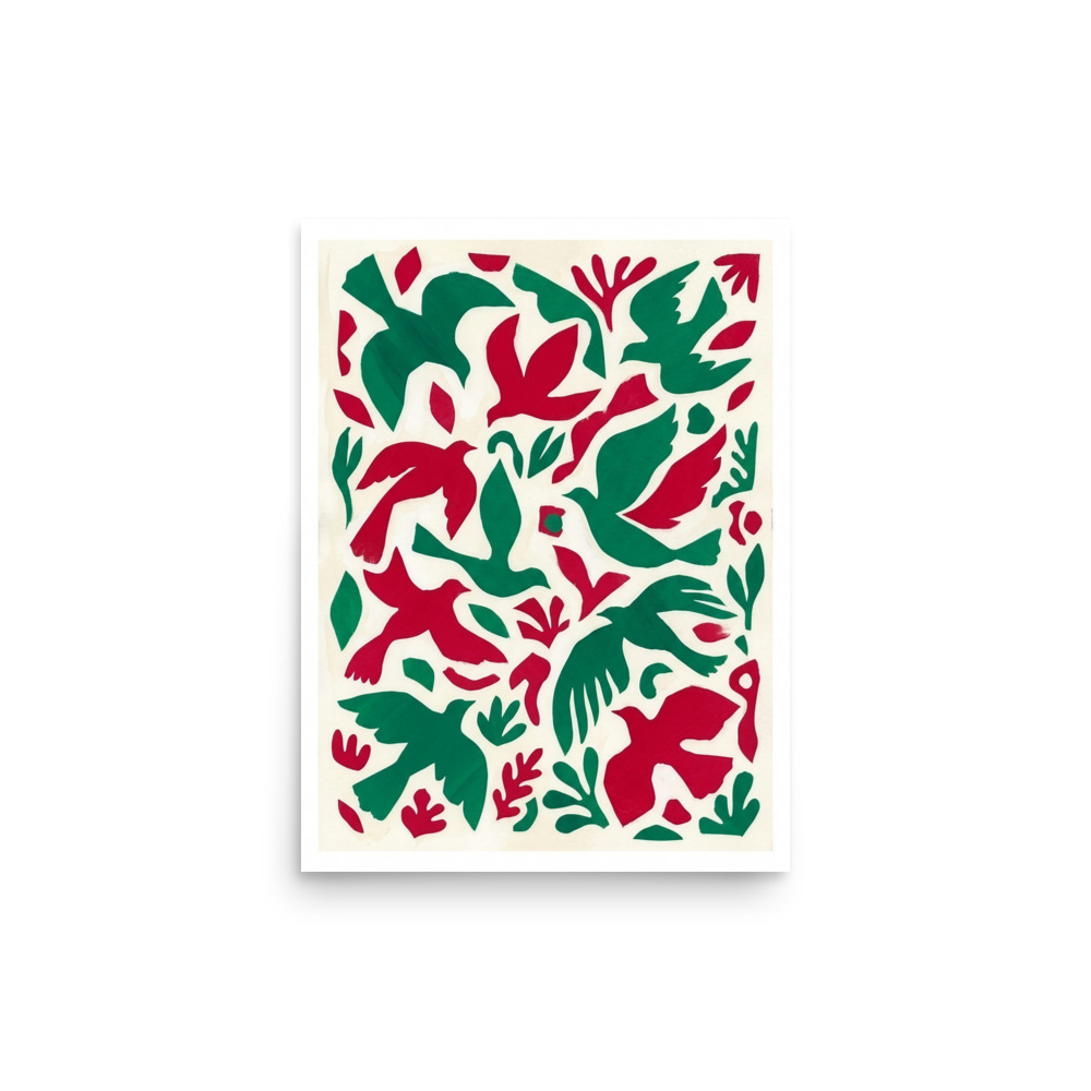 Emerald and Crimson Bird Forms Art Print, Matisse-inspired abstract art, colorful living room decor, gift for design lovers