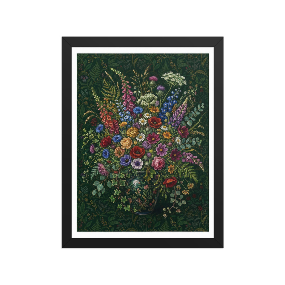 Forest Wildflowers Art Print, maximalist botanical wall art, green floral decor, living room artwork, nature lover gift