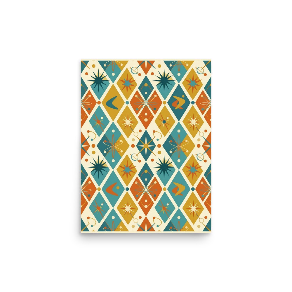 Retro mid-century modern atomic age pattern art print, vintage geometric wall decor, retro living room art, gift for design lovers