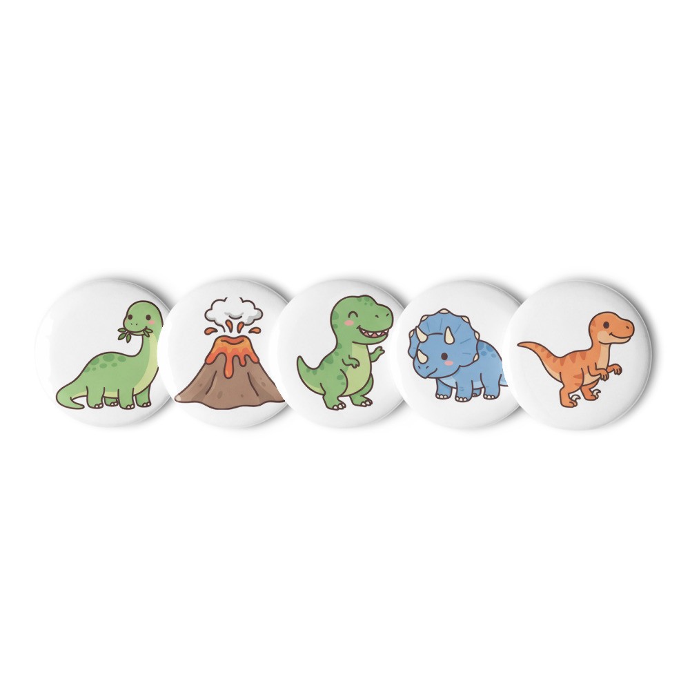 Dino Pals Pin Button Set, kawaii dinosaur art, cute cartoon style, backpack accessory, gift for kids and dinosaur lovers
